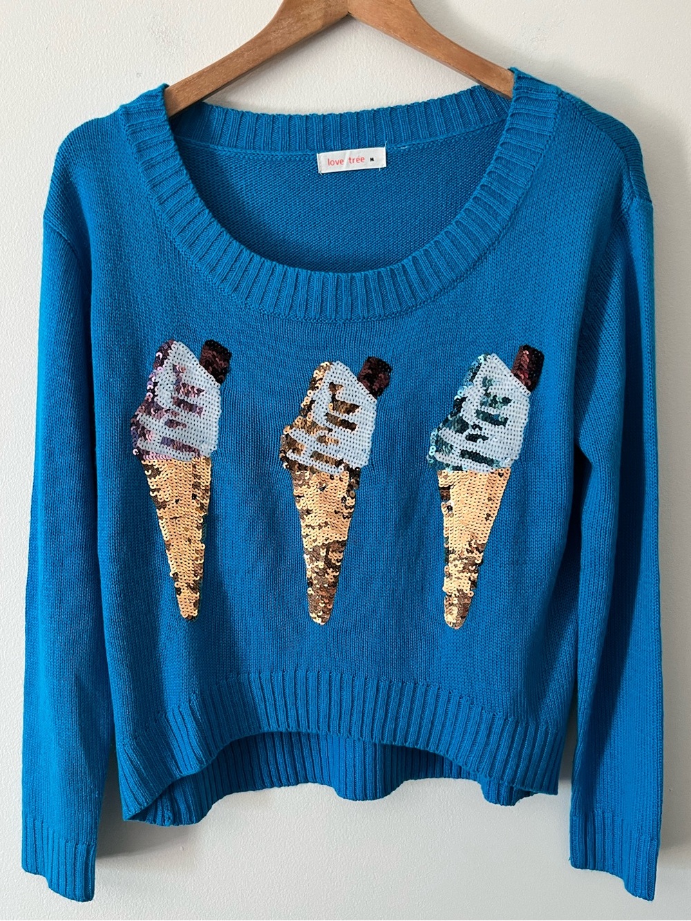 Love Tree Turquoise Blue Sequin Ice Cream Novelty Sweater Quirky Dopamine M